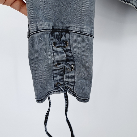 Free People Washed Gray Fitted Moto Racing Denim Jacket - Picture 4 of 9